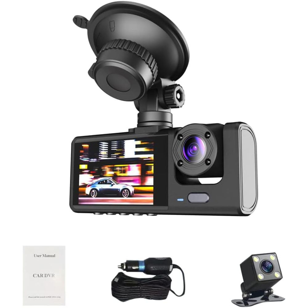 DASH CAM 1080P DVR — Cámara Frontal, Trasera e Interior con Visión Nocturna y Grabación en Bucle